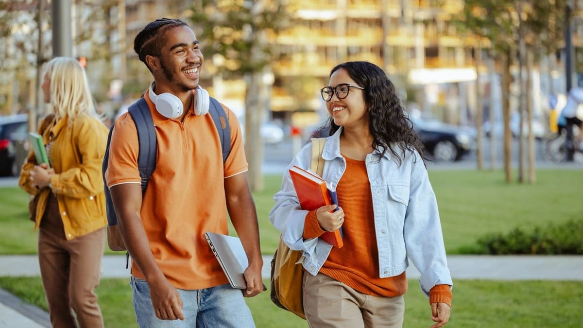 two students walking on campus