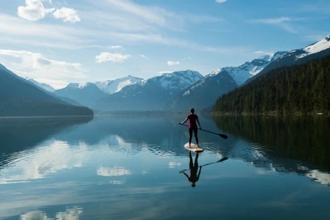 person paddle boarding on a smooth lake surrounded by mountains